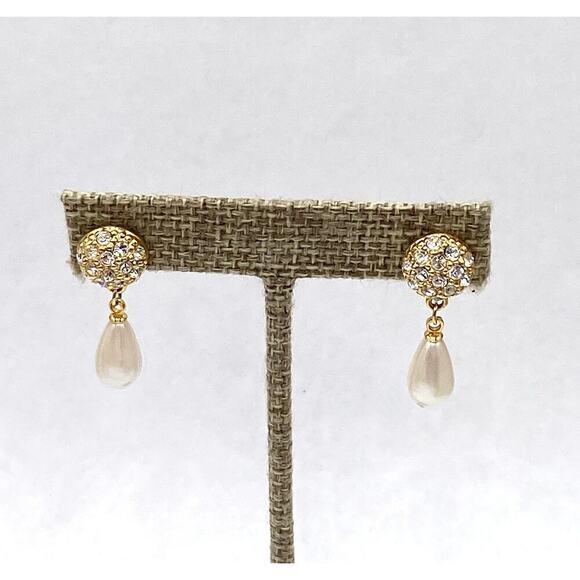 Vintage Earrings Dangles Drops Faux Pearl Drops Rhinestone Unmarked - Picture 3 of 8